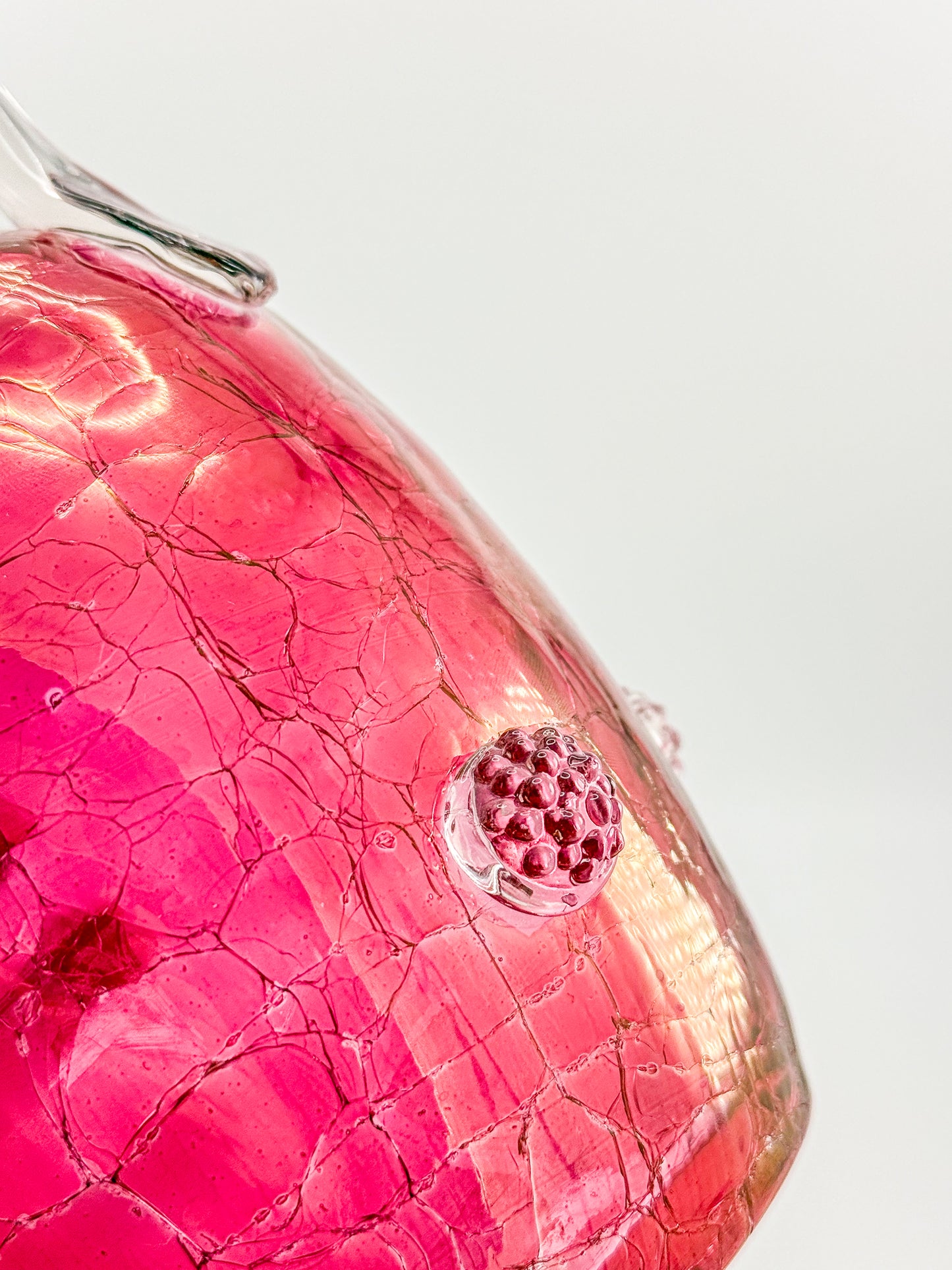 Vintage Blenko Glass Cranberry Crackle Pitcher with Raspberry Prunts, MCM Art Glass Jug