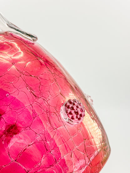 Vintage Blenko Glass Cranberry Crackle Pitcher with Raspberry Prunts, MCM Art Glass Jug