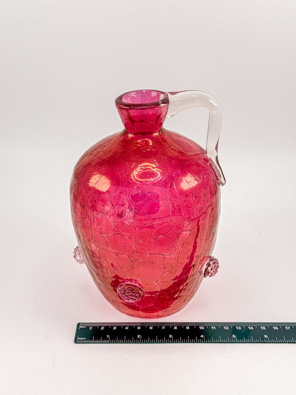 Vintage Blenko Glass Cranberry Crackle Pitcher with Raspberry Prunts, MCM Art Glass Jug