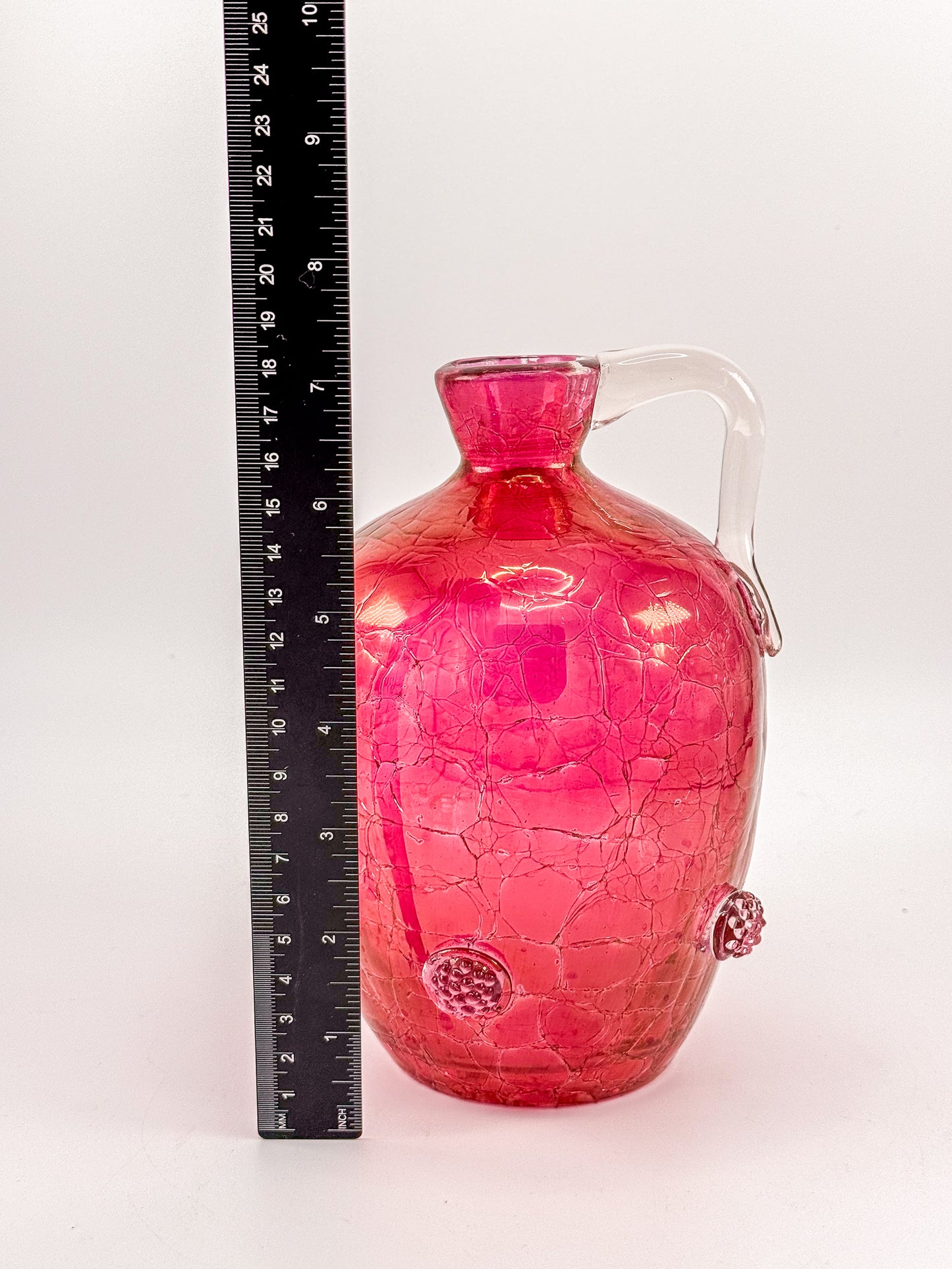 Vintage Blenko Glass Cranberry Crackle Pitcher with Raspberry Prunts, MCM Art Glass Jug