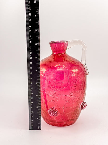 Vintage Blenko Glass Cranberry Crackle Pitcher with Raspberry Prunts, MCM Art Glass Jug