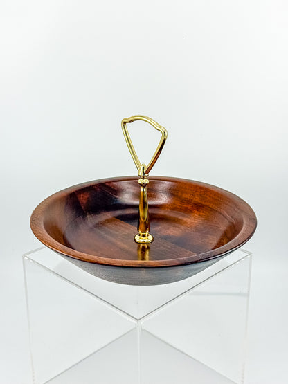 Vintage Ozark Walnutware Solid Walnut Tidbit Tray with Brass Handle, MCM Serving Dish