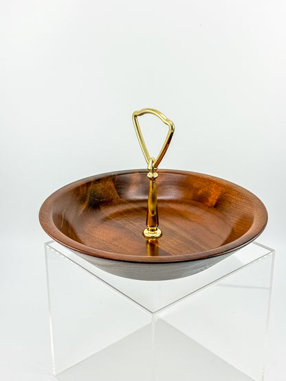 Vintage Ozark Walnutware Solid Walnut Tidbit Tray with Brass Handle, MCM Serving Dish