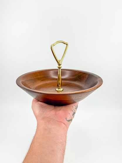 Vintage Ozark Walnutware Solid Walnut Tidbit Tray with Brass Handle, MCM Serving Dish