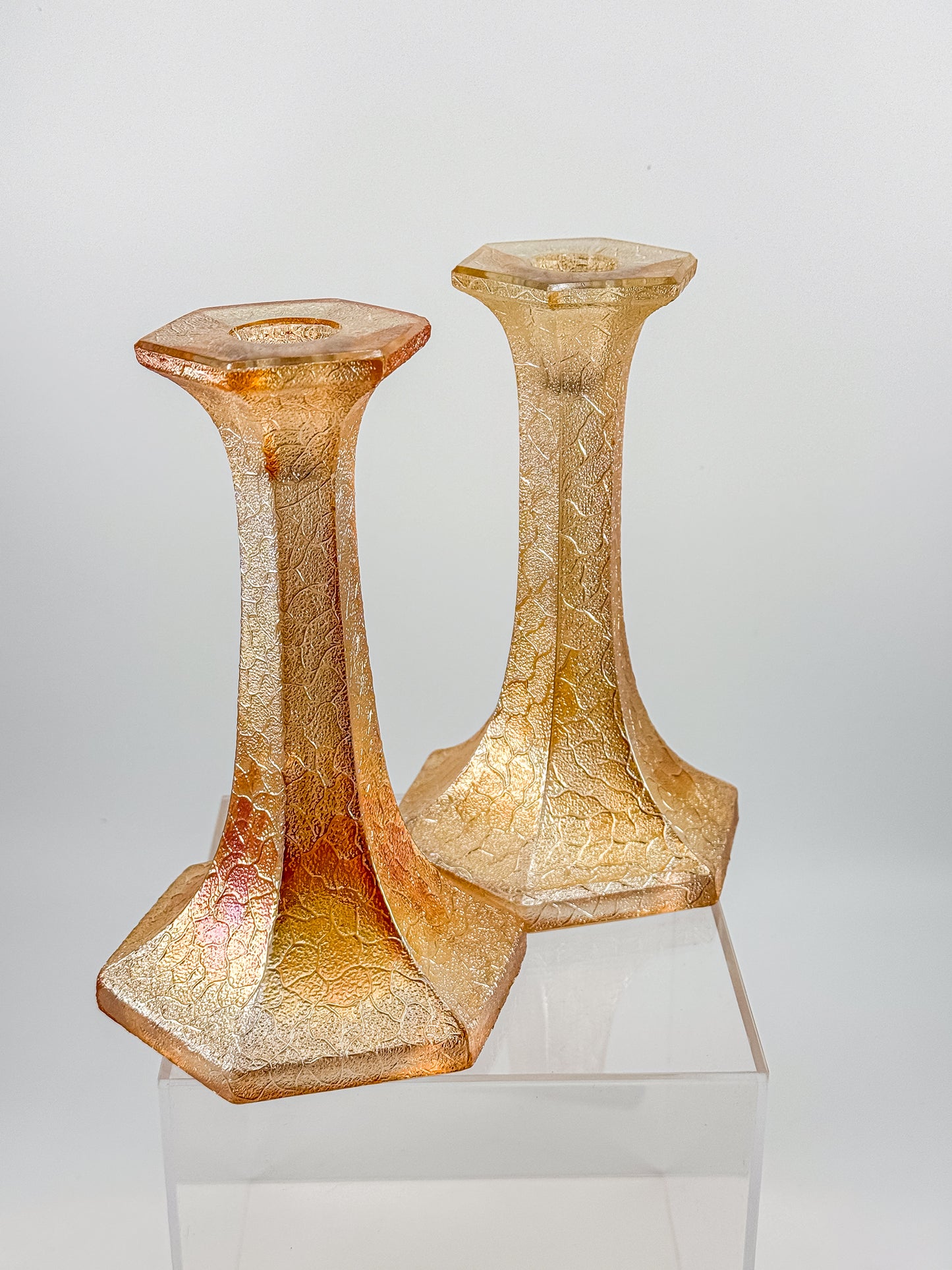Vintage Marigold Carnival Glass Candlestick Holders with Crackle Texture, Hexagonal Base, Sold as a Pair