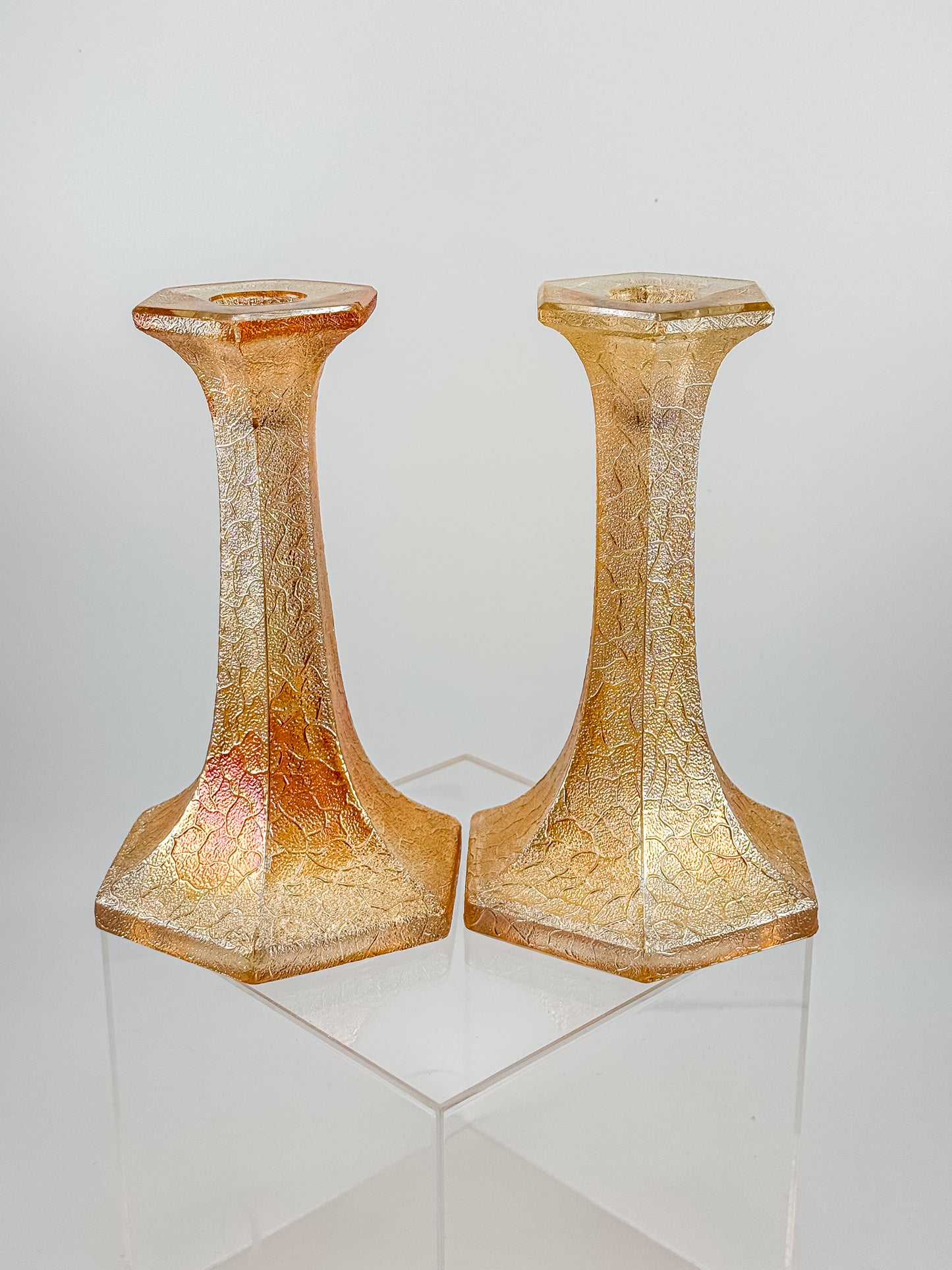Vintage Marigold Carnival Glass Candlestick Holders with Crackle Texture, Hexagonal Base, Sold as a Pair