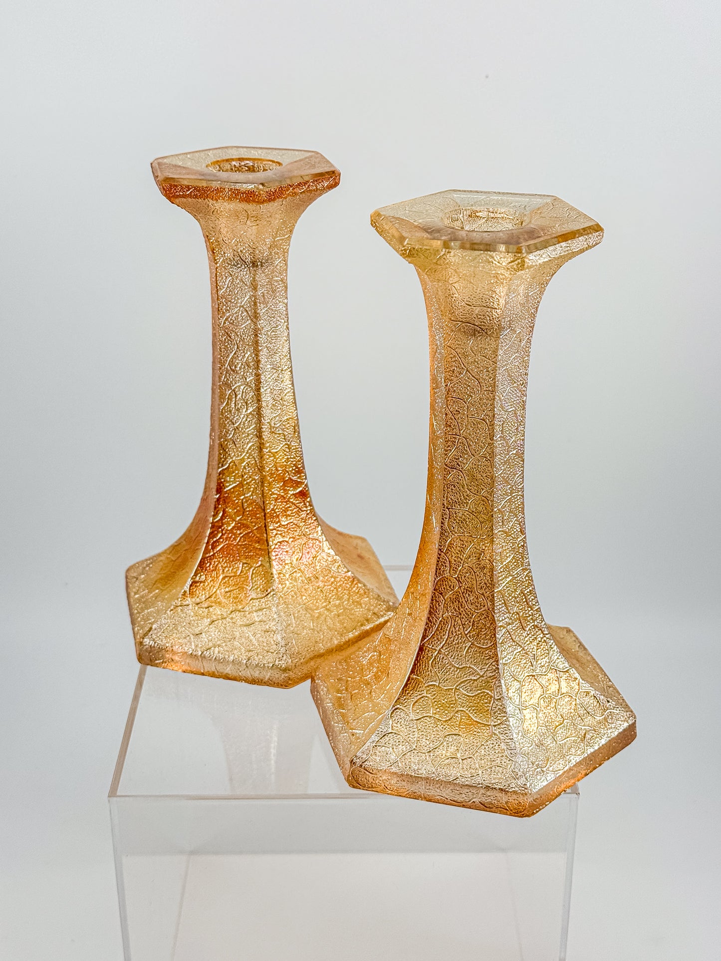 Vintage Marigold Carnival Glass Candlestick Holders with Crackle Texture, Hexagonal Base, Sold as a Pair