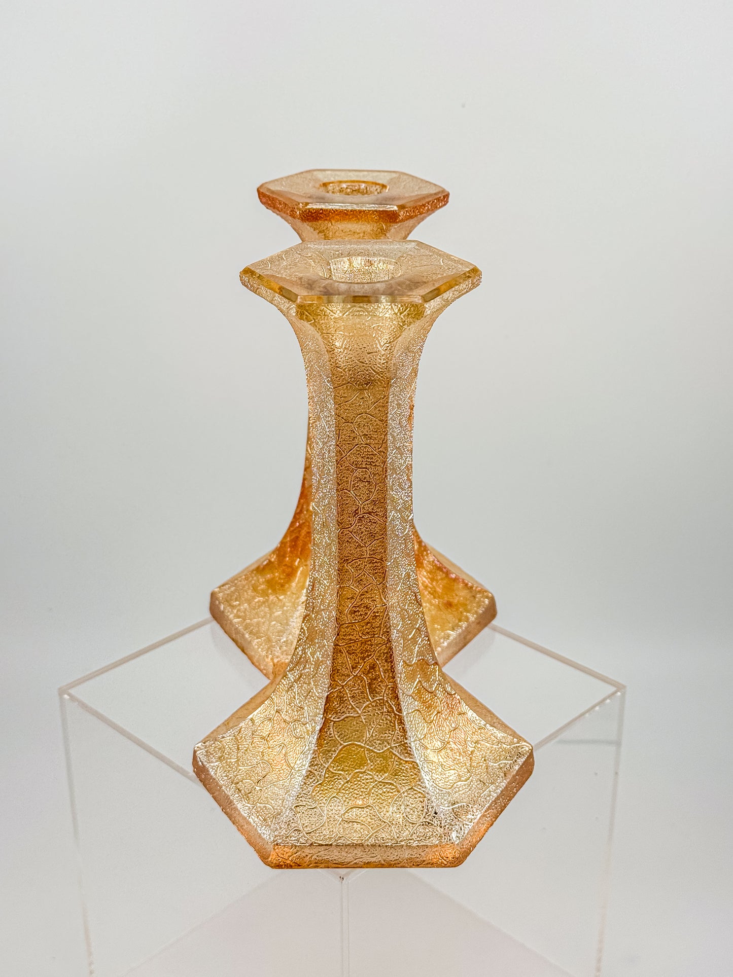 Vintage Marigold Carnival Glass Candlestick Holders with Crackle Texture, Hexagonal Base, Sold as a Pair