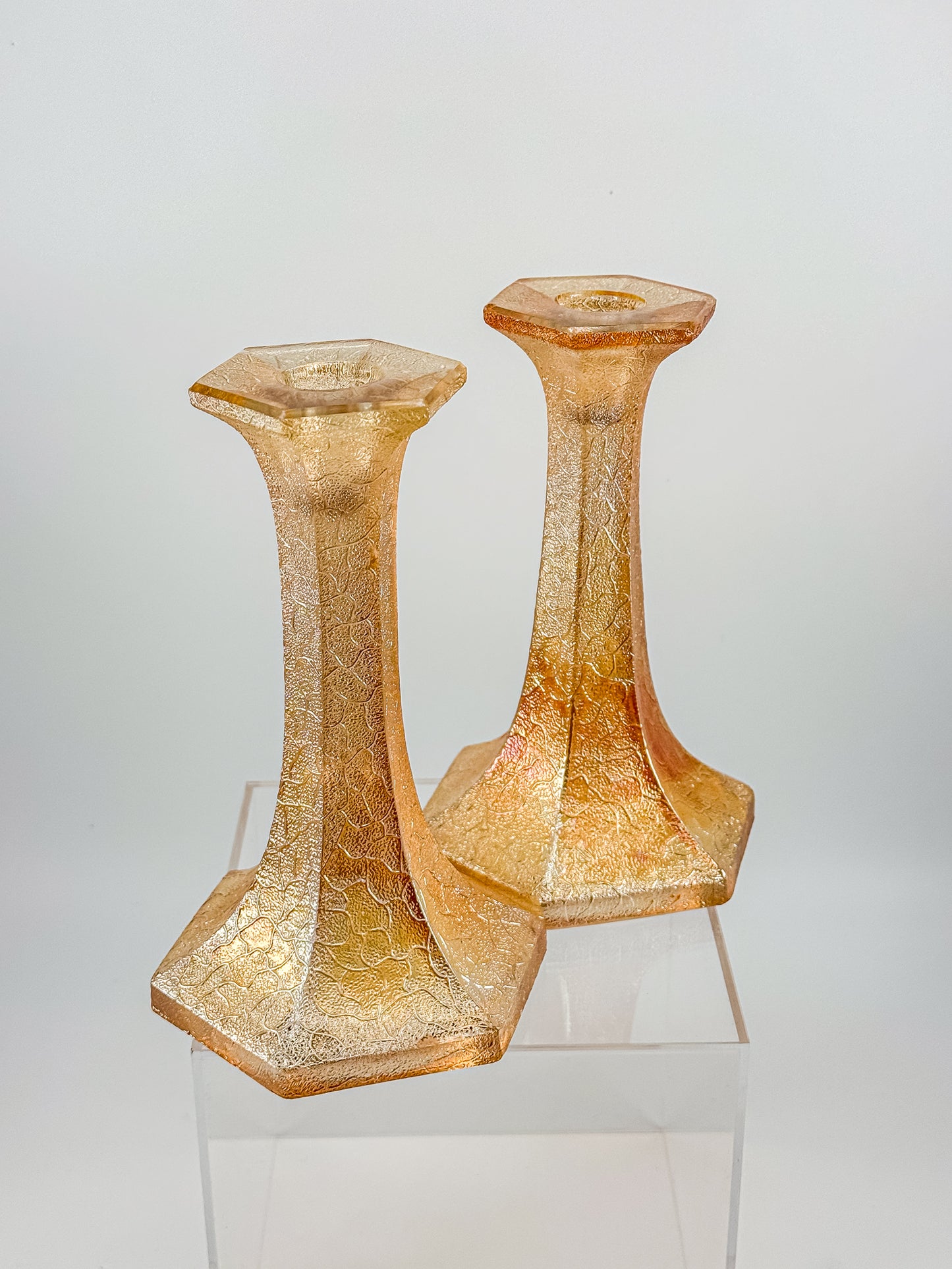Vintage Marigold Carnival Glass Candlestick Holders with Crackle Texture, Hexagonal Base, Sold as a Pair
