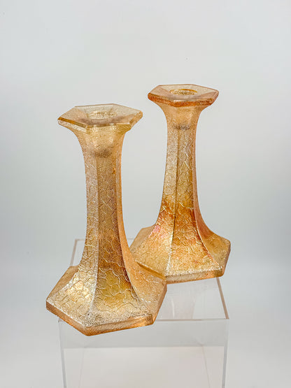 Vintage Marigold Carnival Glass Candlestick Holders with Crackle Texture, Hexagonal Base, Sold as a Pair