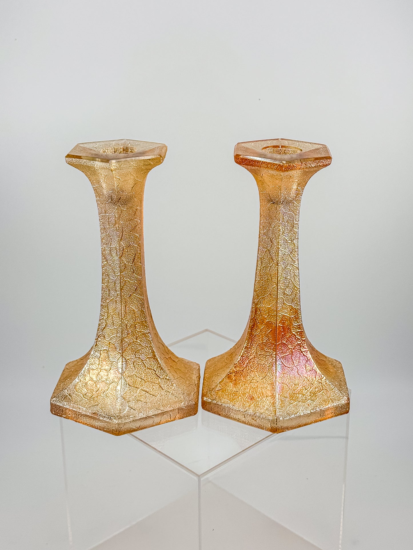 Vintage Marigold Carnival Glass Candlestick Holders with Crackle Texture, Hexagonal Base, Sold as a Pair