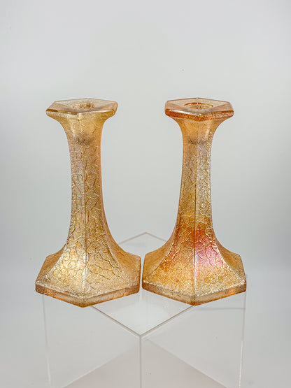 Vintage Marigold Carnival Glass Candlestick Holders with Crackle Texture, Hexagonal Base, Sold as a Pair