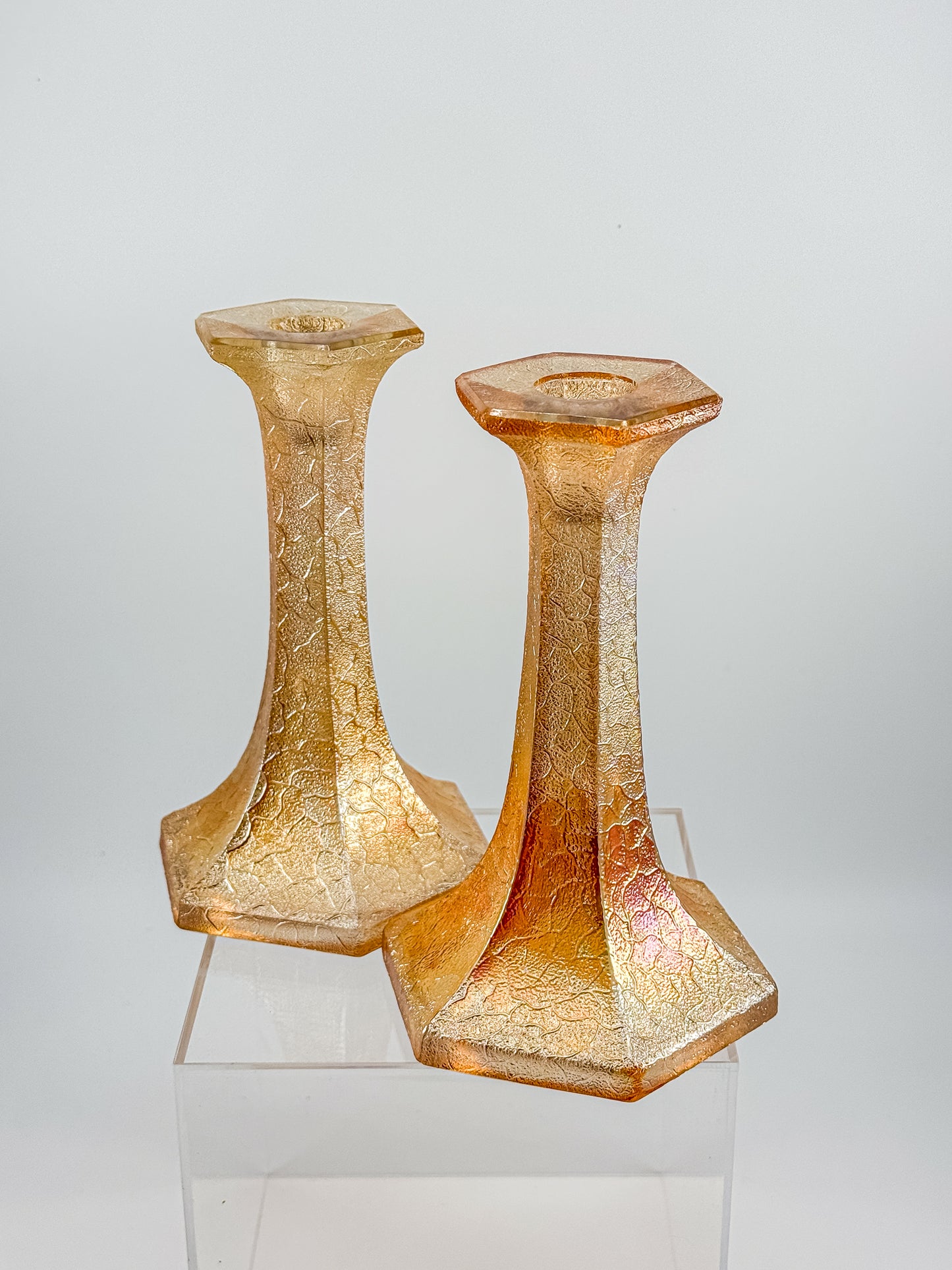 Vintage Marigold Carnival Glass Candlestick Holders with Crackle Texture, Hexagonal Base, Sold as a Pair