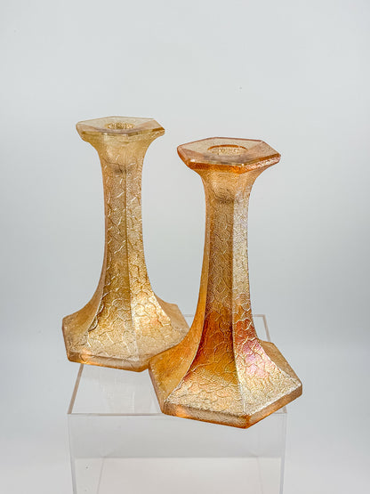 Vintage Marigold Carnival Glass Candlestick Holders with Crackle Texture, Hexagonal Base, Sold as a Pair