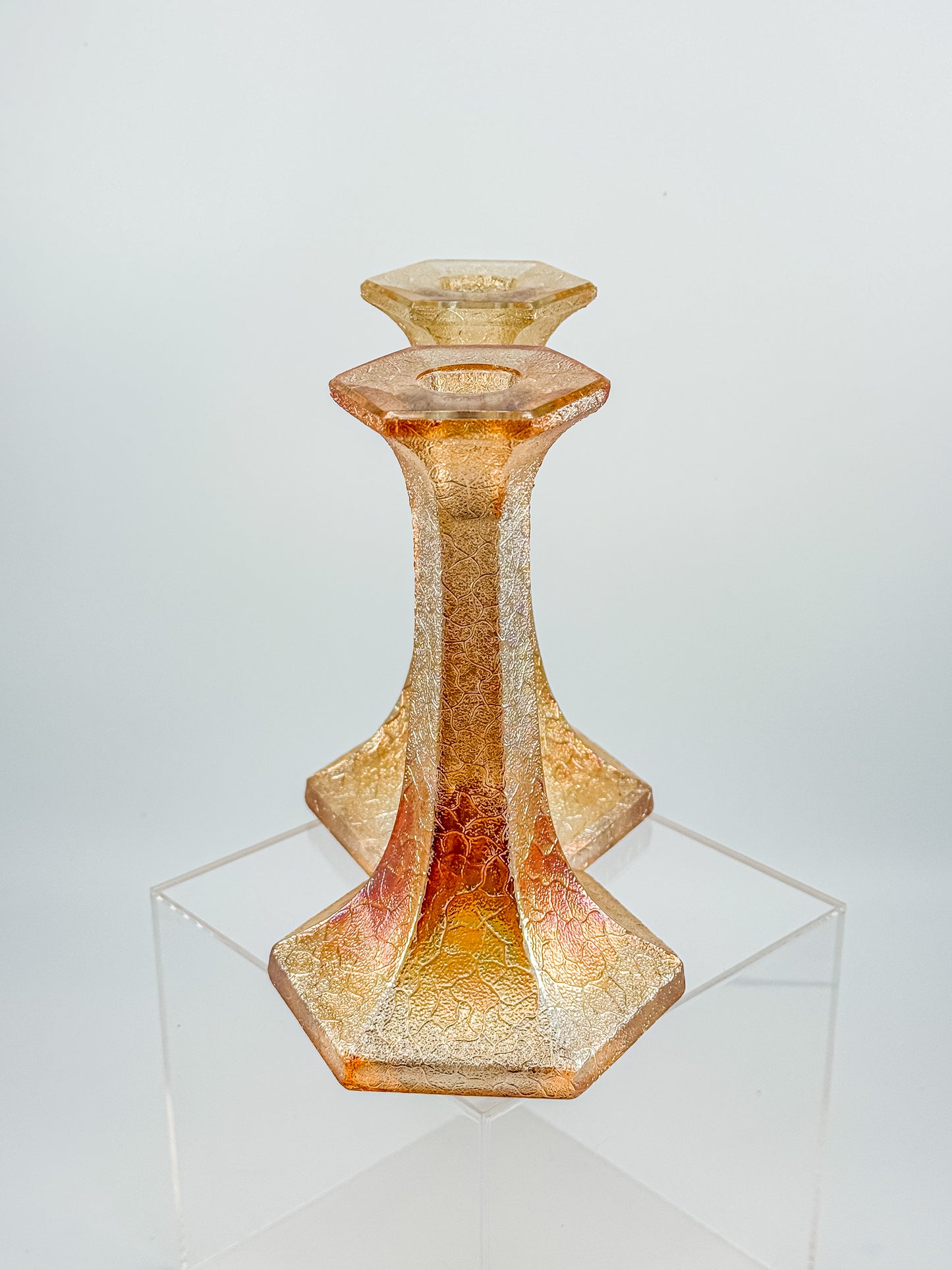 Vintage Marigold Carnival Glass Candlestick Holders with Crackle Texture, Hexagonal Base, Sold as a Pair