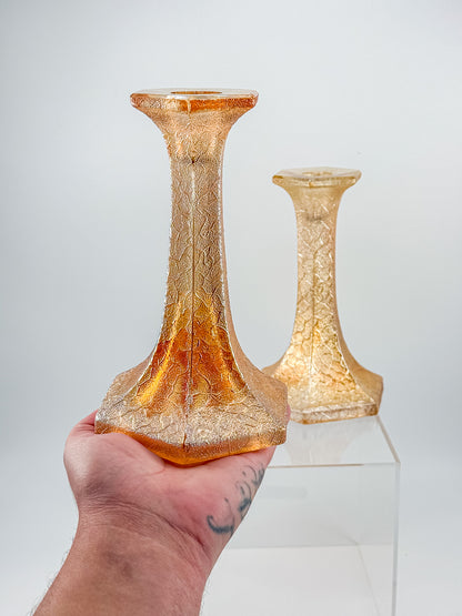 Vintage Marigold Carnival Glass Candlestick Holders with Crackle Texture, Hexagonal Base, Sold as a Pair