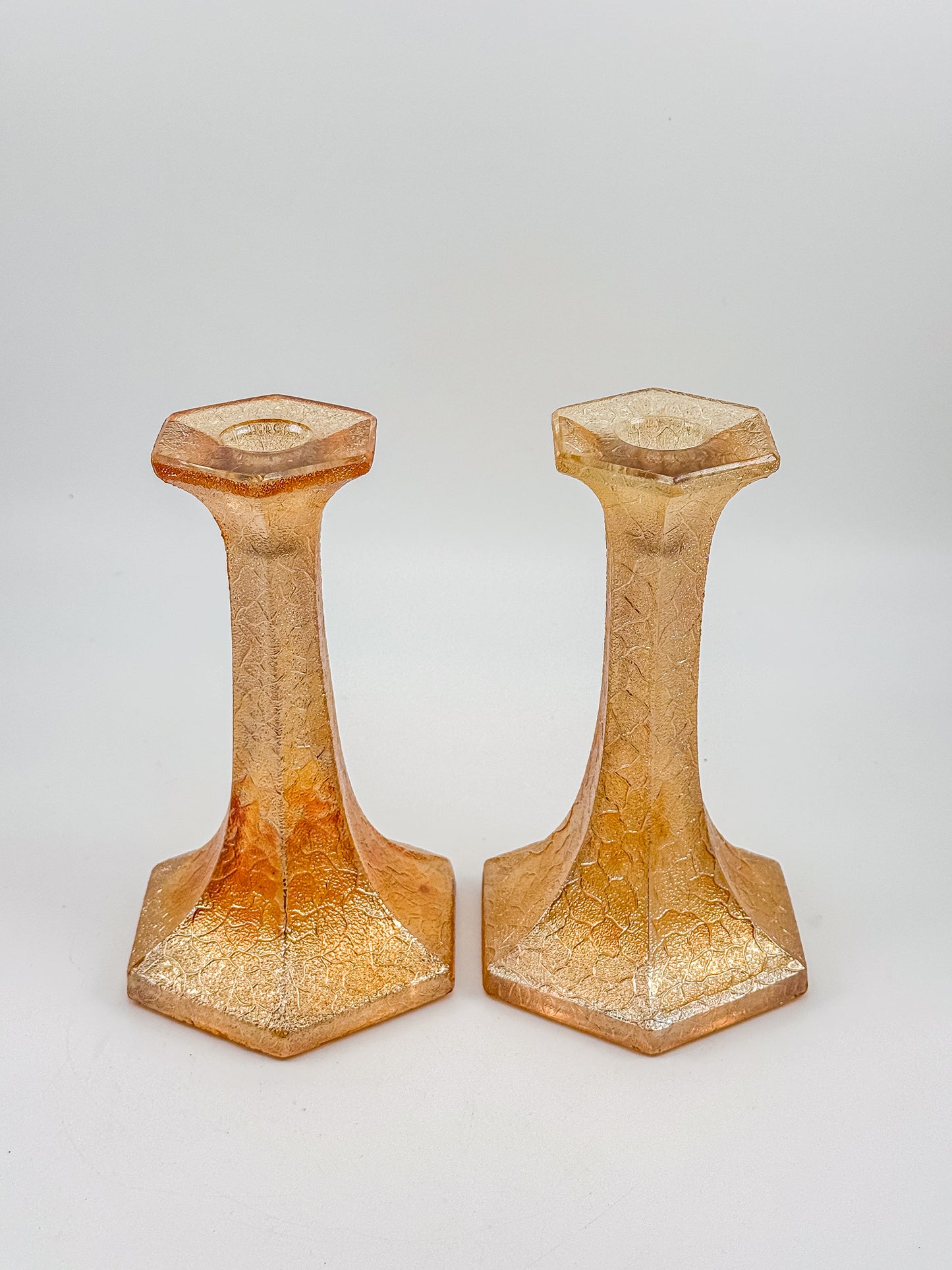 Vintage Marigold Carnival Glass Candlestick Holders with Crackle Texture, Hexagonal Base, Sold as a Pair