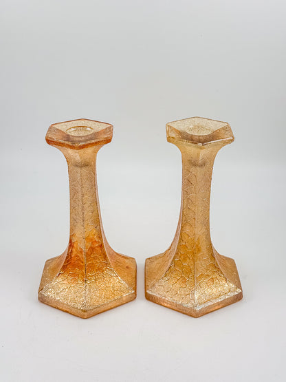 Vintage Marigold Carnival Glass Candlestick Holders with Crackle Texture, Hexagonal Base, Sold as a Pair