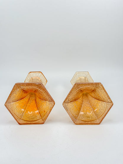 Vintage Marigold Carnival Glass Candlestick Holders with Crackle Texture, Hexagonal Base, Sold as a Pair