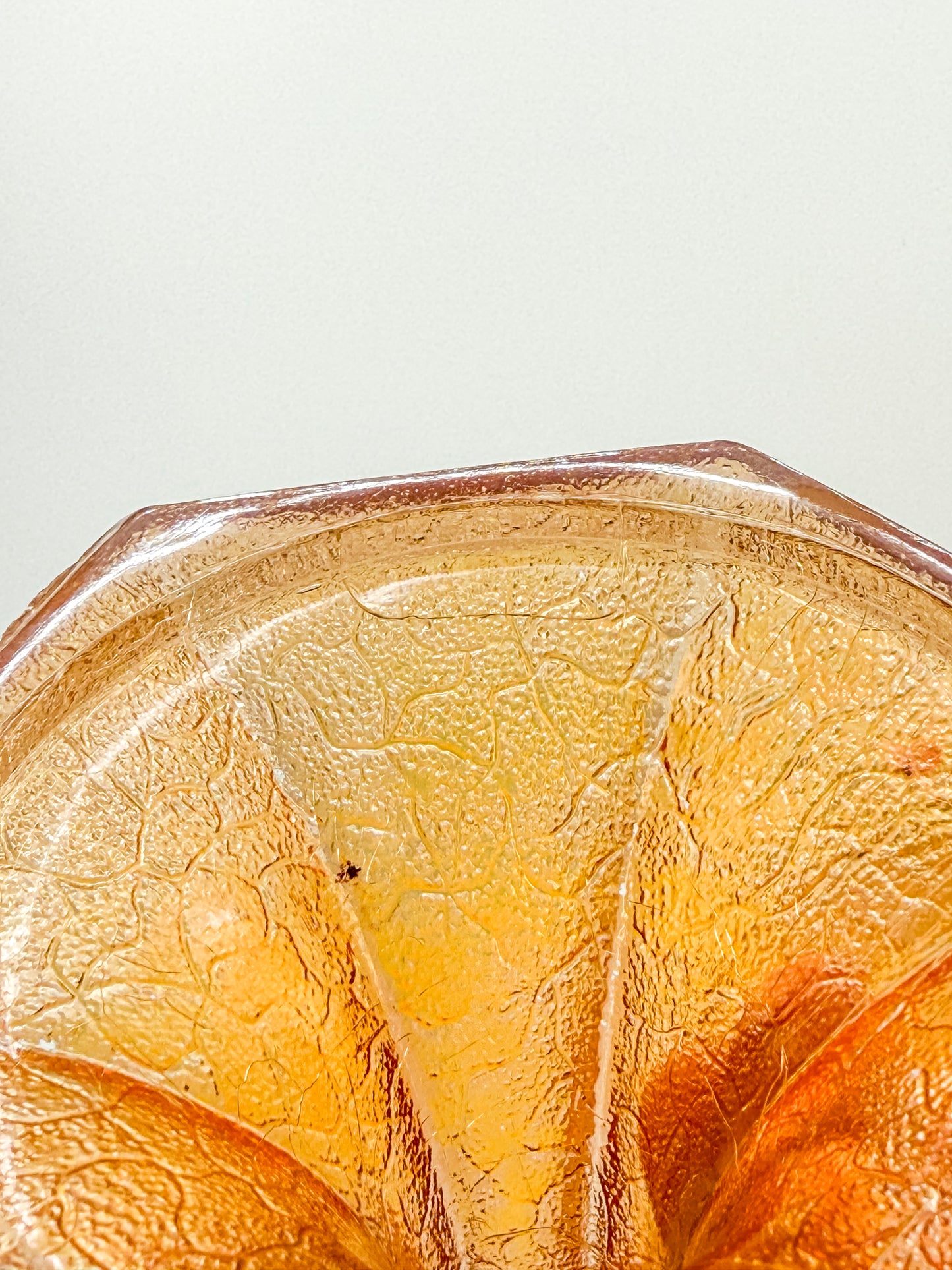 Vintage Marigold Carnival Glass Candlestick Holders with Crackle Texture, Hexagonal Base, Sold as a Pair
