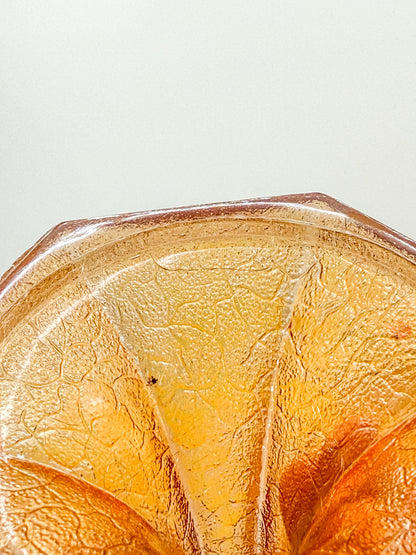 Vintage Marigold Carnival Glass Candlestick Holders with Crackle Texture, Hexagonal Base, Sold as a Pair