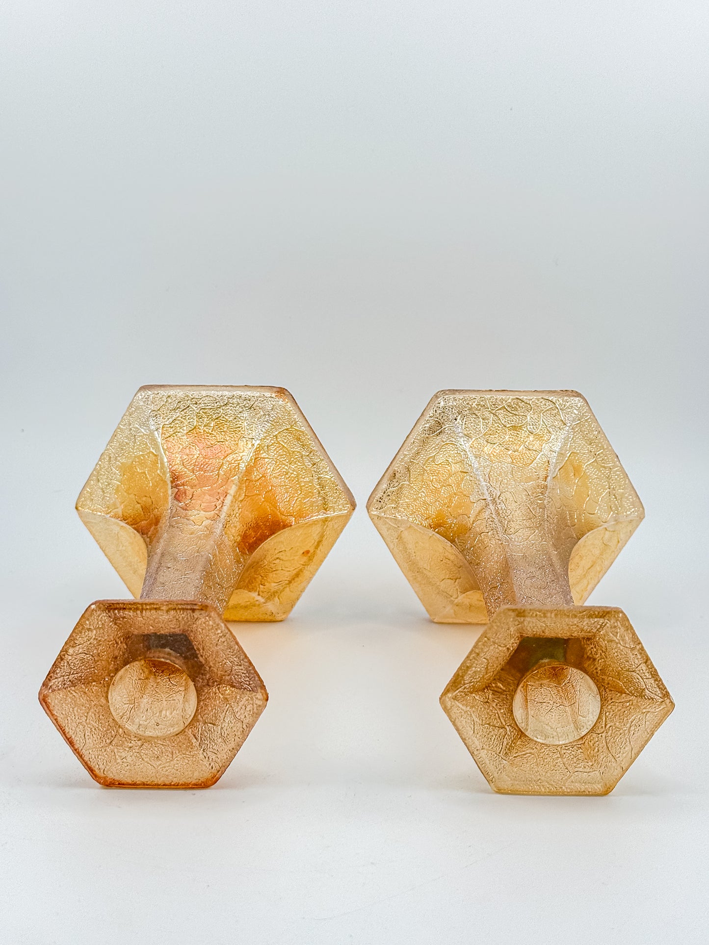 Vintage Marigold Carnival Glass Candlestick Holders with Crackle Texture, Hexagonal Base, Sold as a Pair