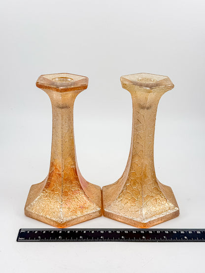Vintage Marigold Carnival Glass Candlestick Holders with Crackle Texture, Hexagonal Base, Sold as a Pair