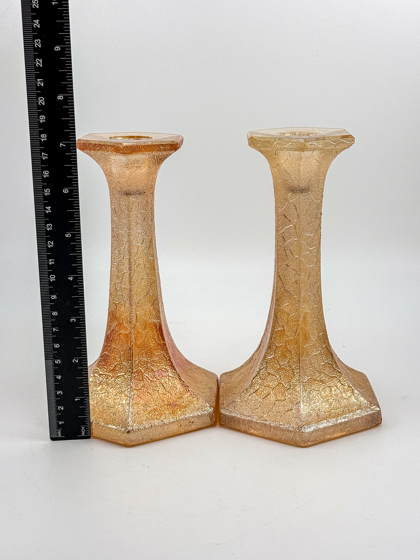 Vintage Marigold Carnival Glass Candlestick Holders with Crackle Texture, Hexagonal Base, Sold as a Pair