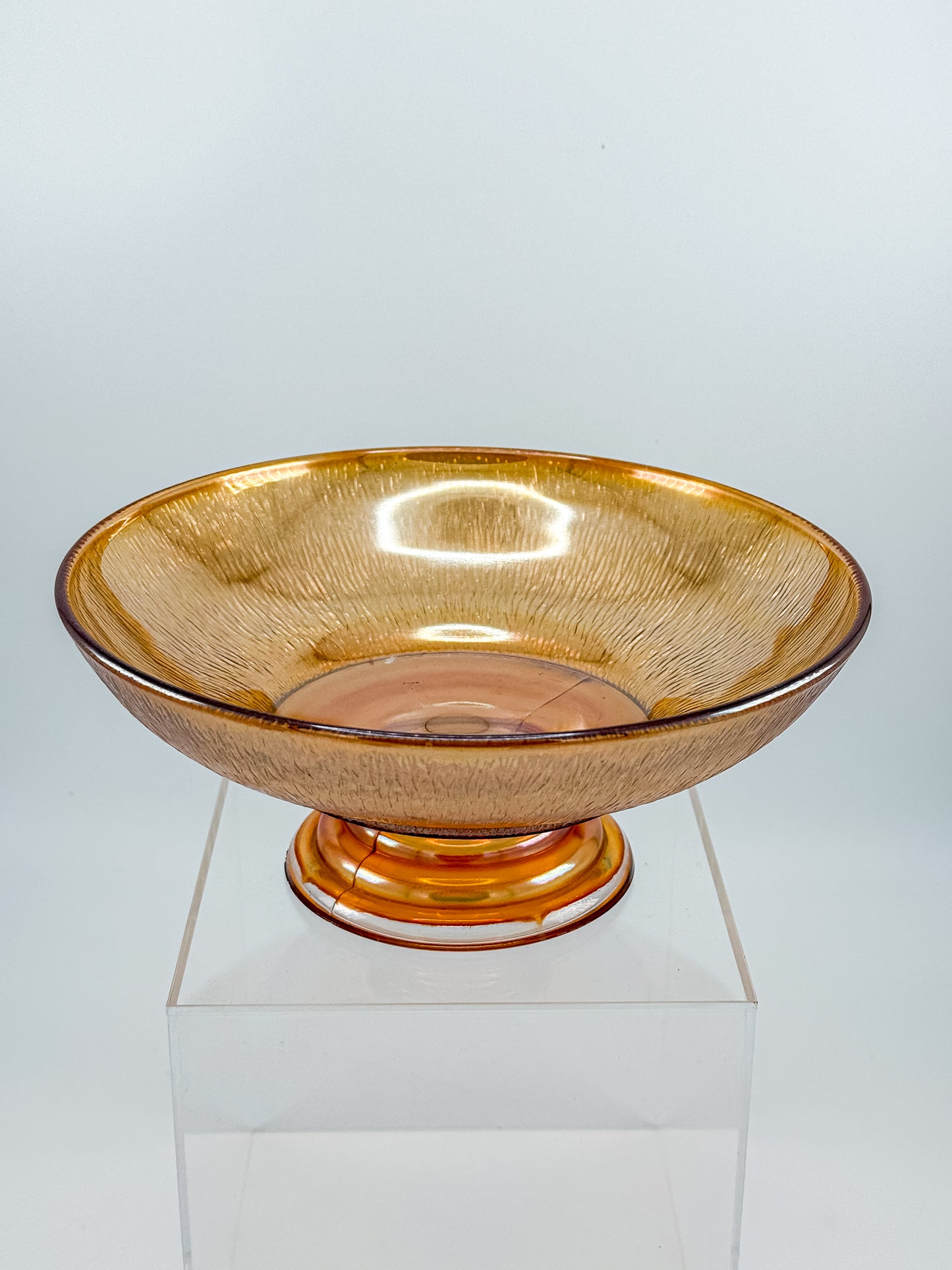 Jeannette Carnival Glass Marigold Tree Bark Pedestal Compote Bowl with Iridescent Finish