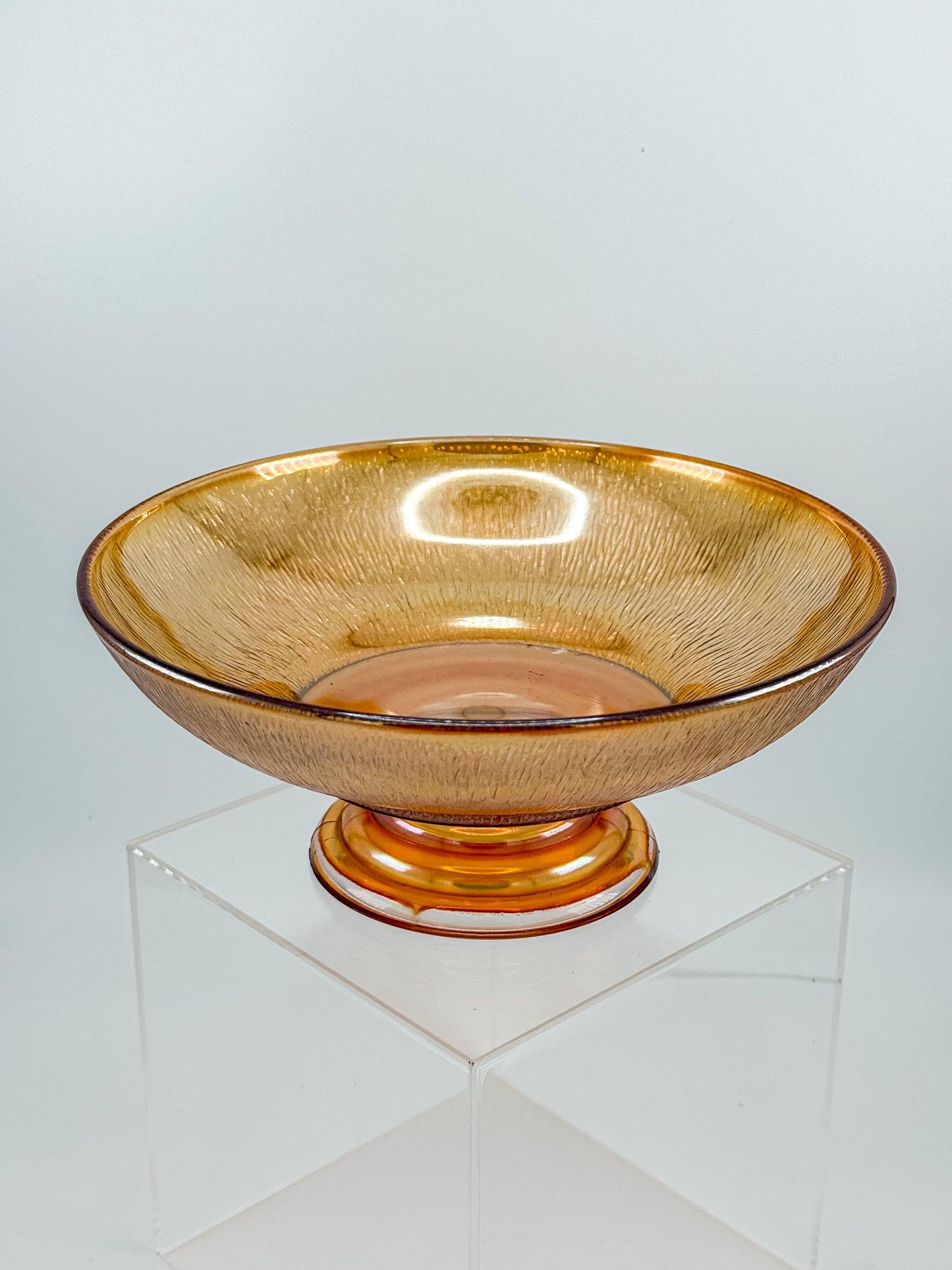 Jeannette Carnival Glass Marigold Tree Bark Pedestal Compote Bowl with Iridescent Finish