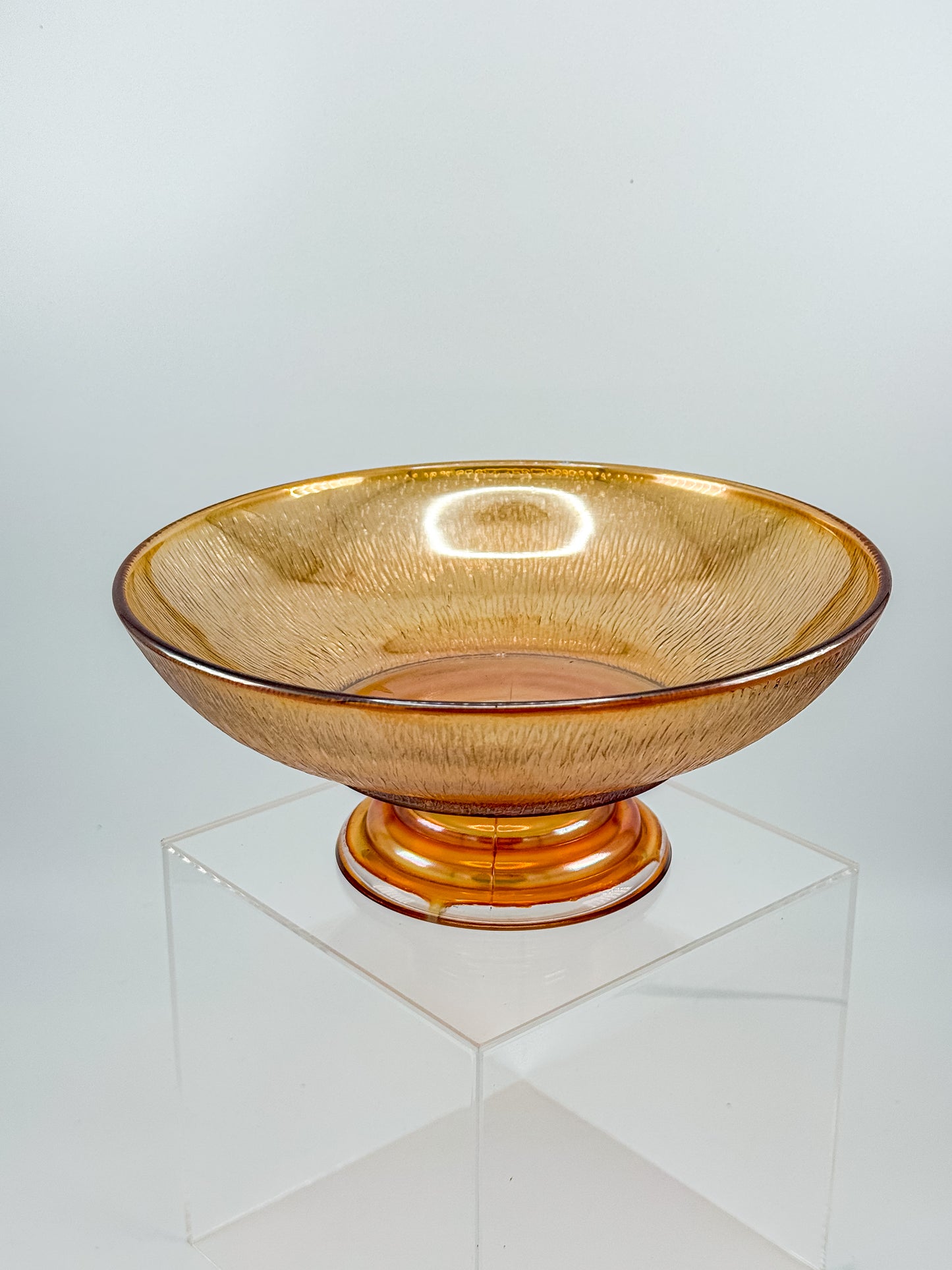 Jeannette Carnival Glass Marigold Tree Bark Pedestal Compote Bowl with Iridescent Finish