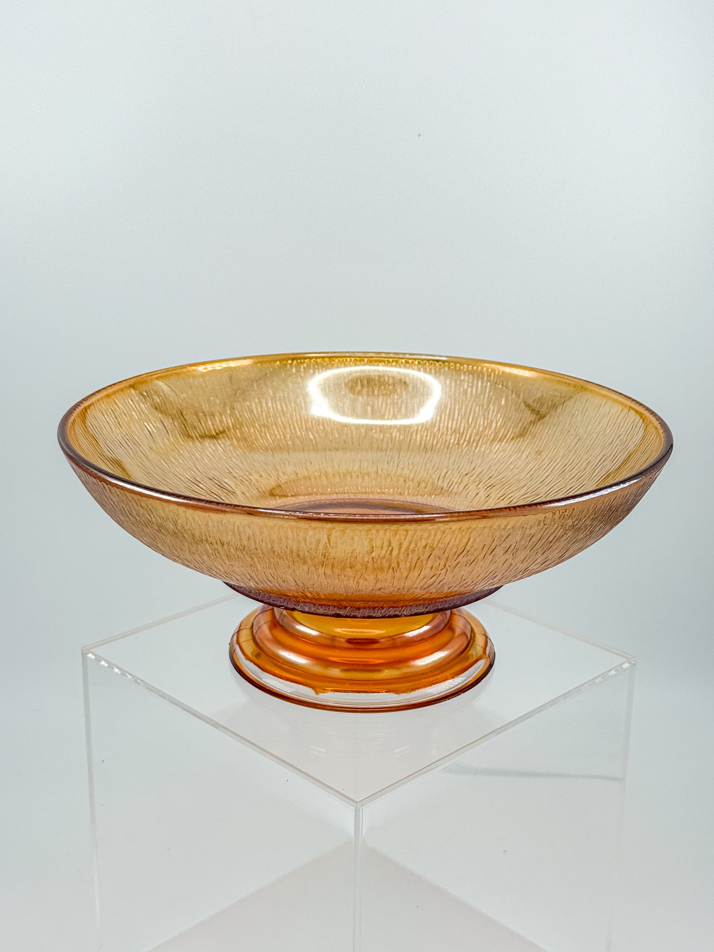 Jeannette Carnival Glass Marigold Tree Bark Pedestal Compote Bowl with Iridescent Finish