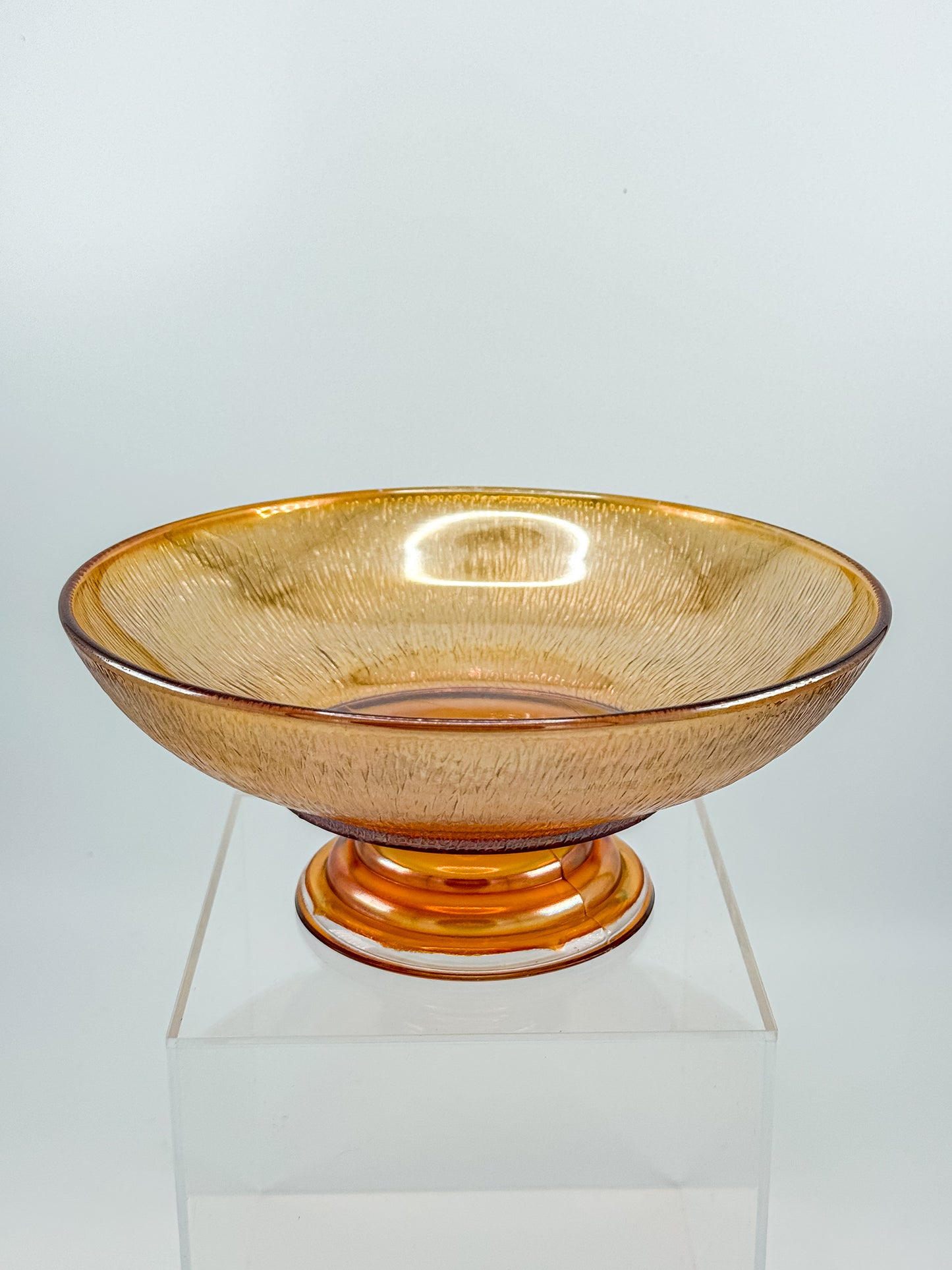 Jeannette Carnival Glass Marigold Tree Bark Pedestal Compote Bowl with Iridescent Finish