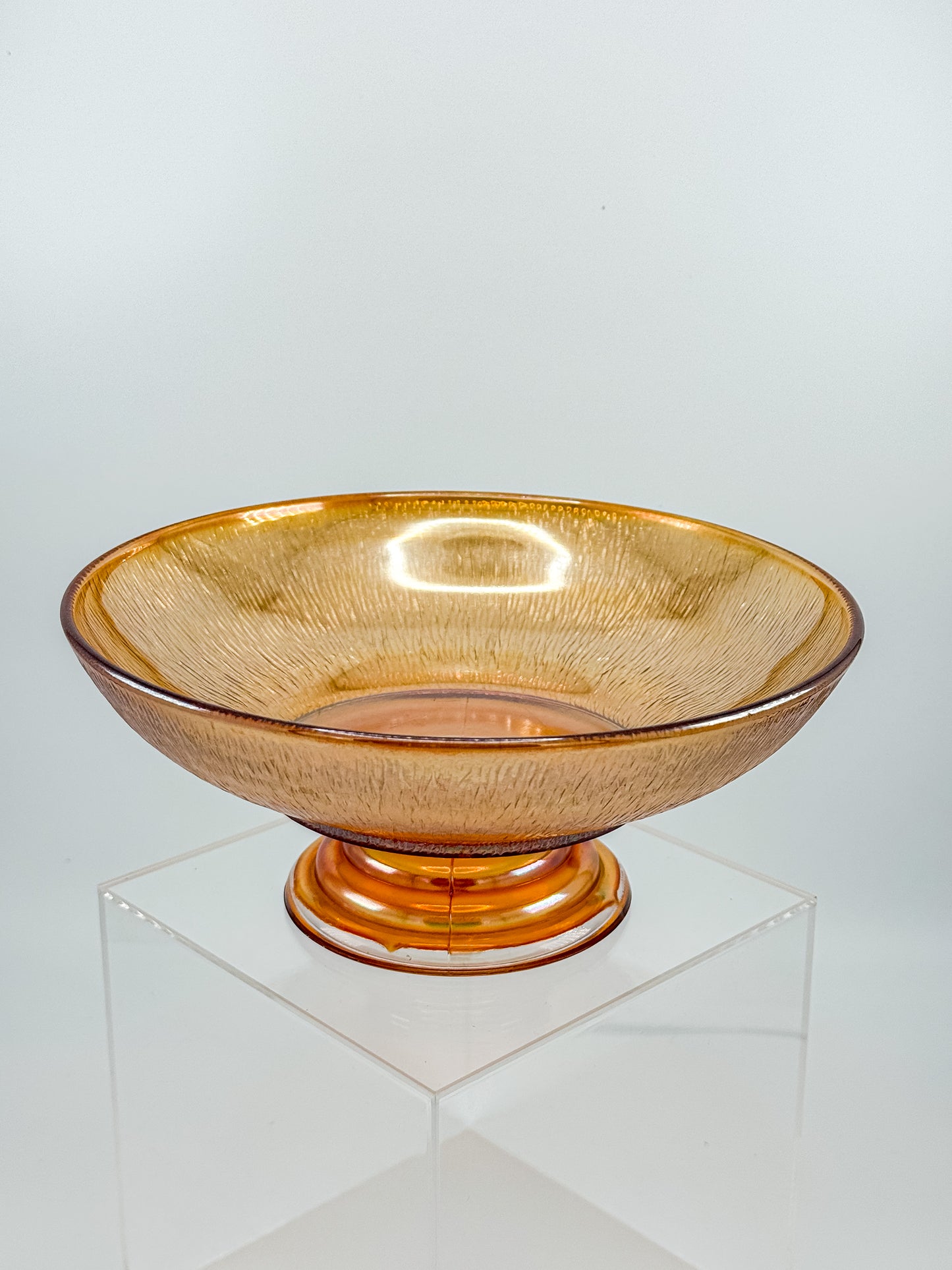 Jeannette Carnival Glass Marigold Tree Bark Pedestal Compote Bowl with Iridescent Finish