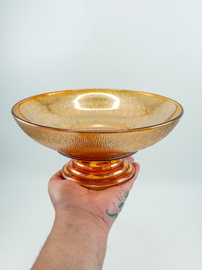 Jeannette Carnival Glass Marigold Tree Bark Pedestal Compote Bowl with Iridescent Finish