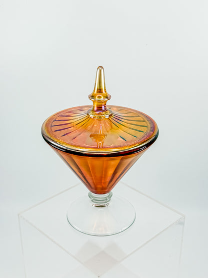 Vintage Marigold Carnival Glass Footed Covered Candy Dish with Ribbed Sunburst Lid and Finial