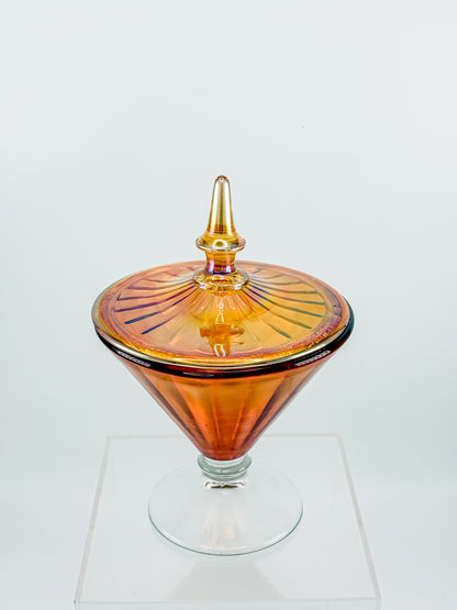 Vintage Marigold Carnival Glass Footed Covered Candy Dish with Ribbed Sunburst Lid and Finial