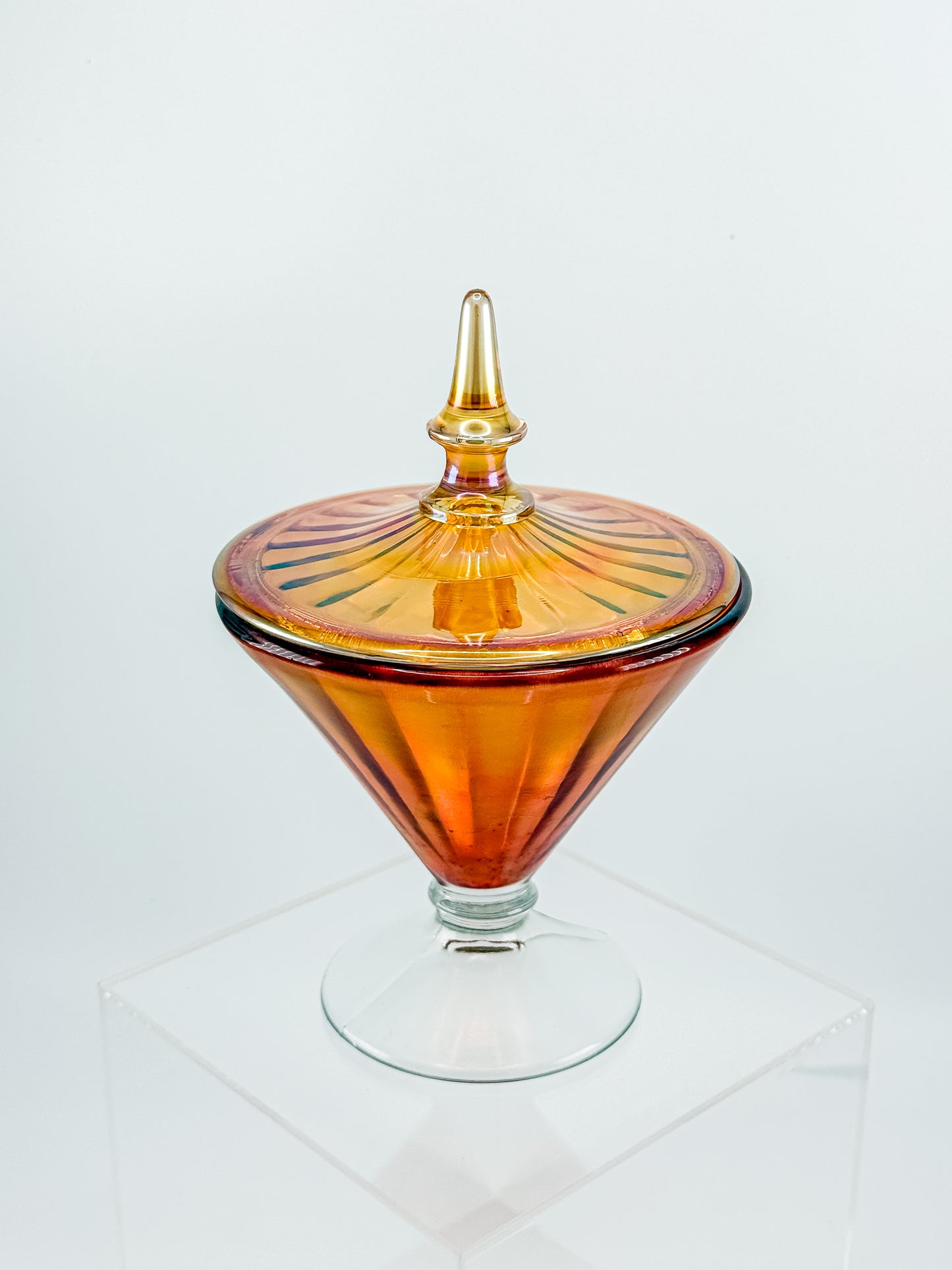 Vintage Marigold Carnival Glass Footed Covered Candy Dish with Ribbed Sunburst Lid and Finial