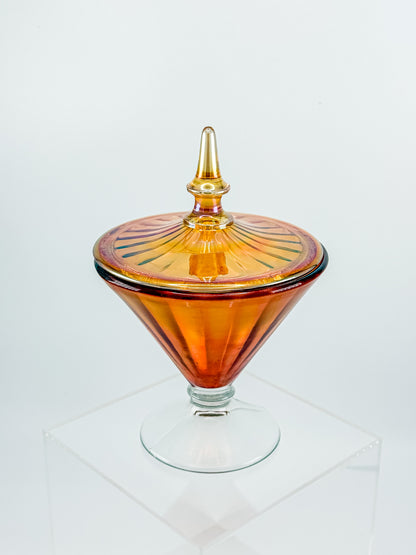 Vintage Marigold Carnival Glass Footed Covered Candy Dish with Ribbed Sunburst Lid and Finial