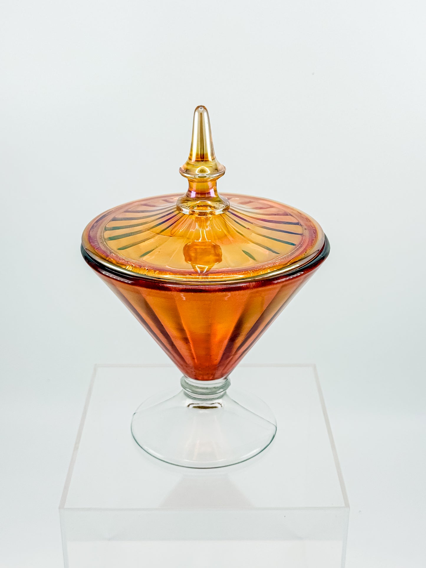 Vintage Marigold Carnival Glass Footed Covered Candy Dish with Ribbed Sunburst Lid and Finial