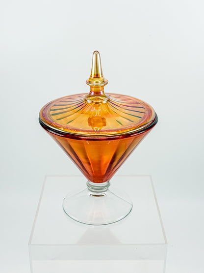 Vintage Marigold Carnival Glass Footed Covered Candy Dish with Ribbed Sunburst Lid and Finial