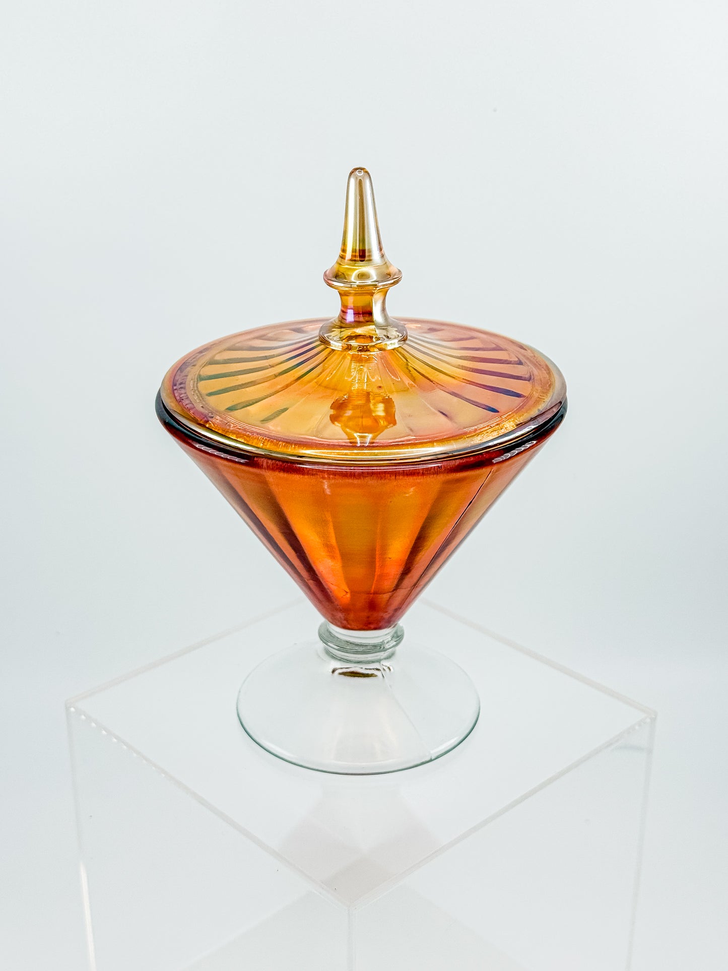 Vintage Marigold Carnival Glass Footed Covered Candy Dish with Ribbed Sunburst Lid and Finial
