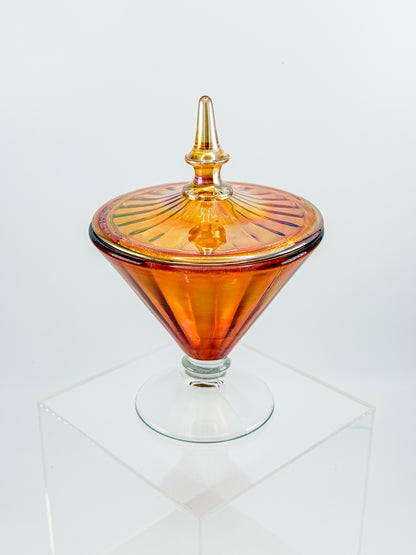 Vintage Marigold Carnival Glass Footed Covered Candy Dish with Ribbed Sunburst Lid and Finial