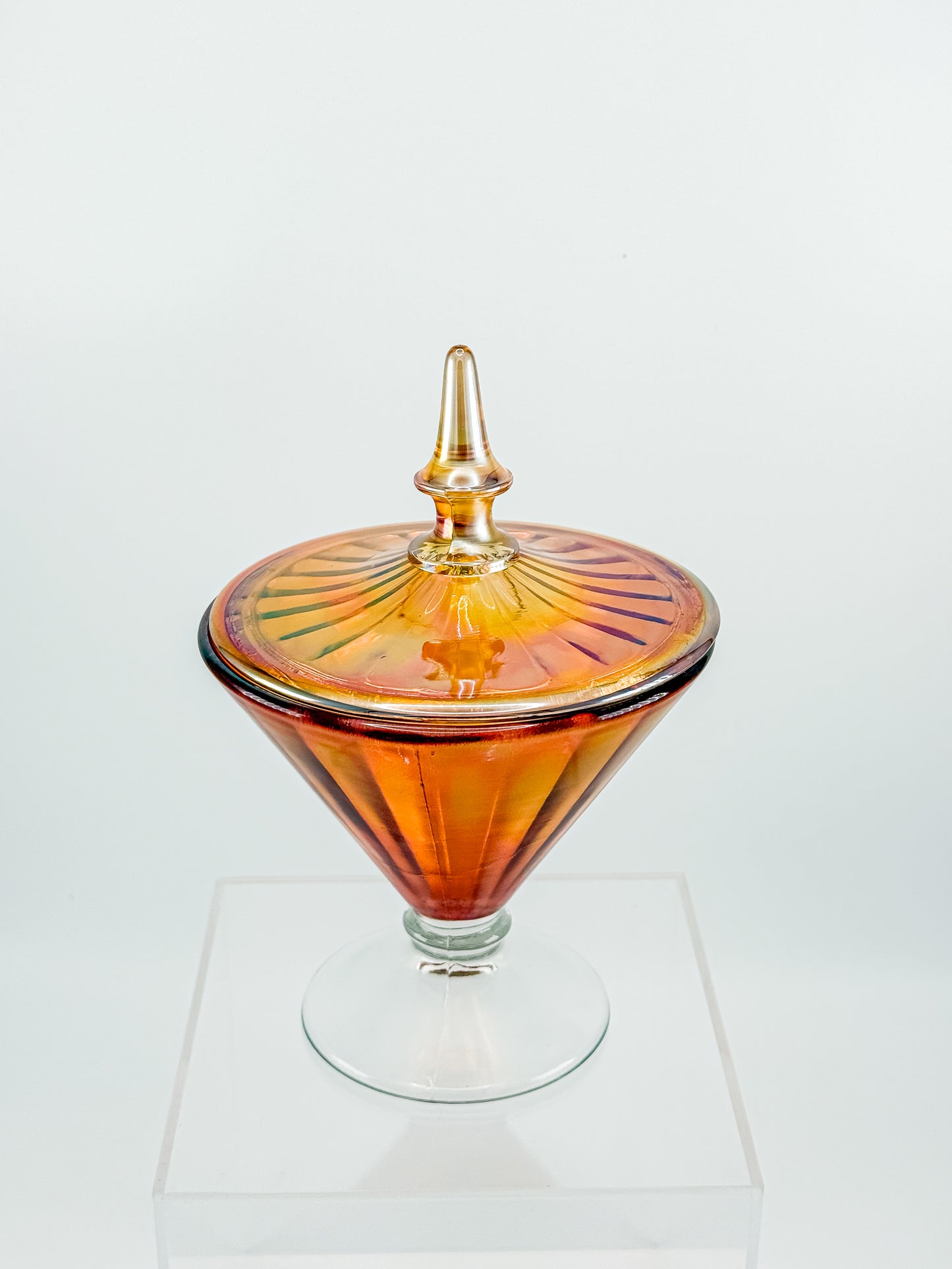 Vintage Marigold Carnival Glass Footed Covered Candy Dish with Ribbed Sunburst Lid and Finial