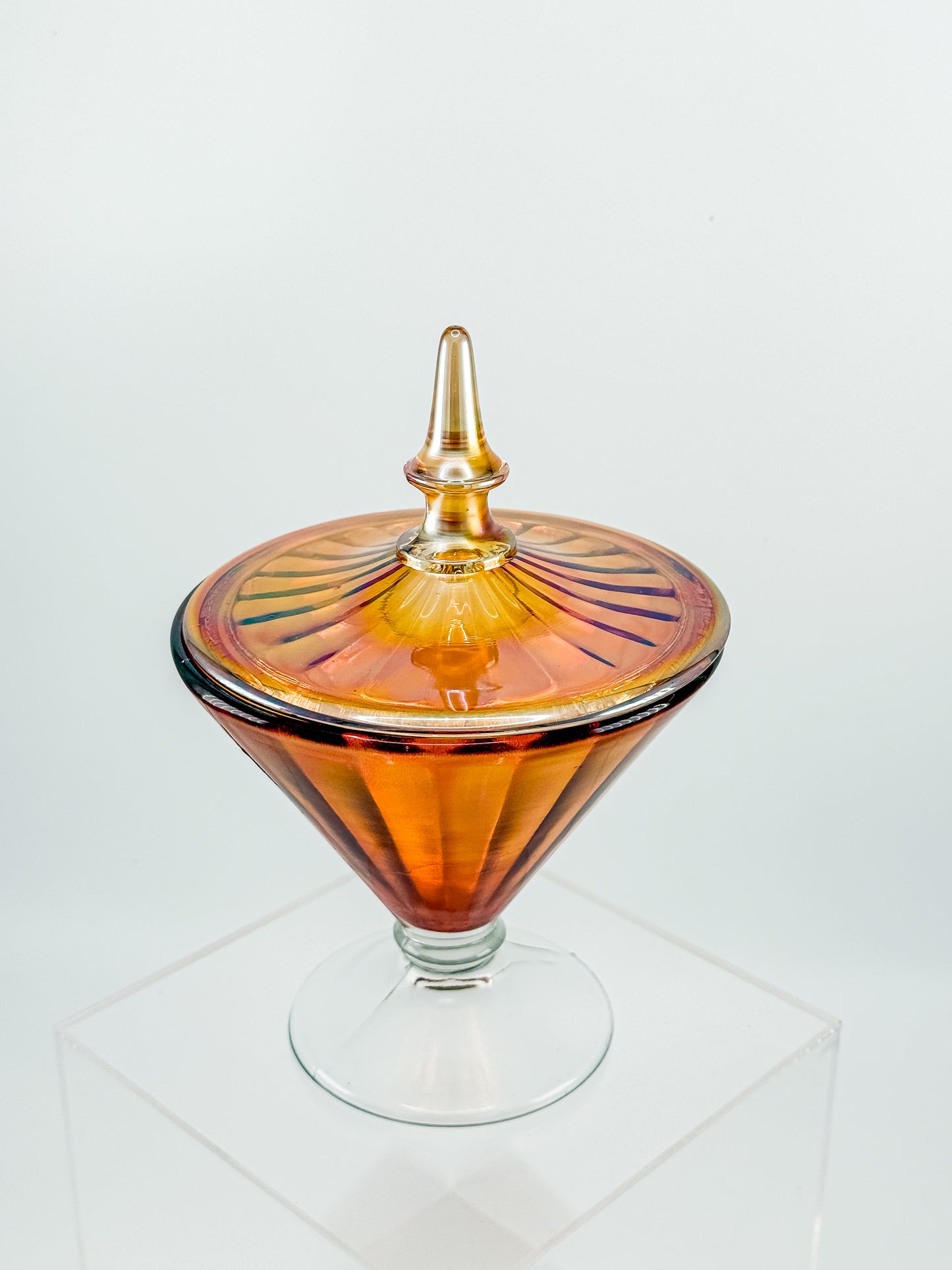 Vintage Marigold Carnival Glass Footed Covered Candy Dish with Ribbed Sunburst Lid and Finial
