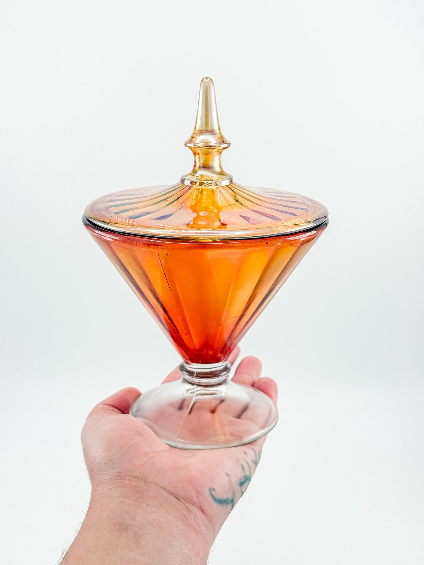 Vintage Marigold Carnival Glass Footed Covered Candy Dish with Ribbed Sunburst Lid and Finial