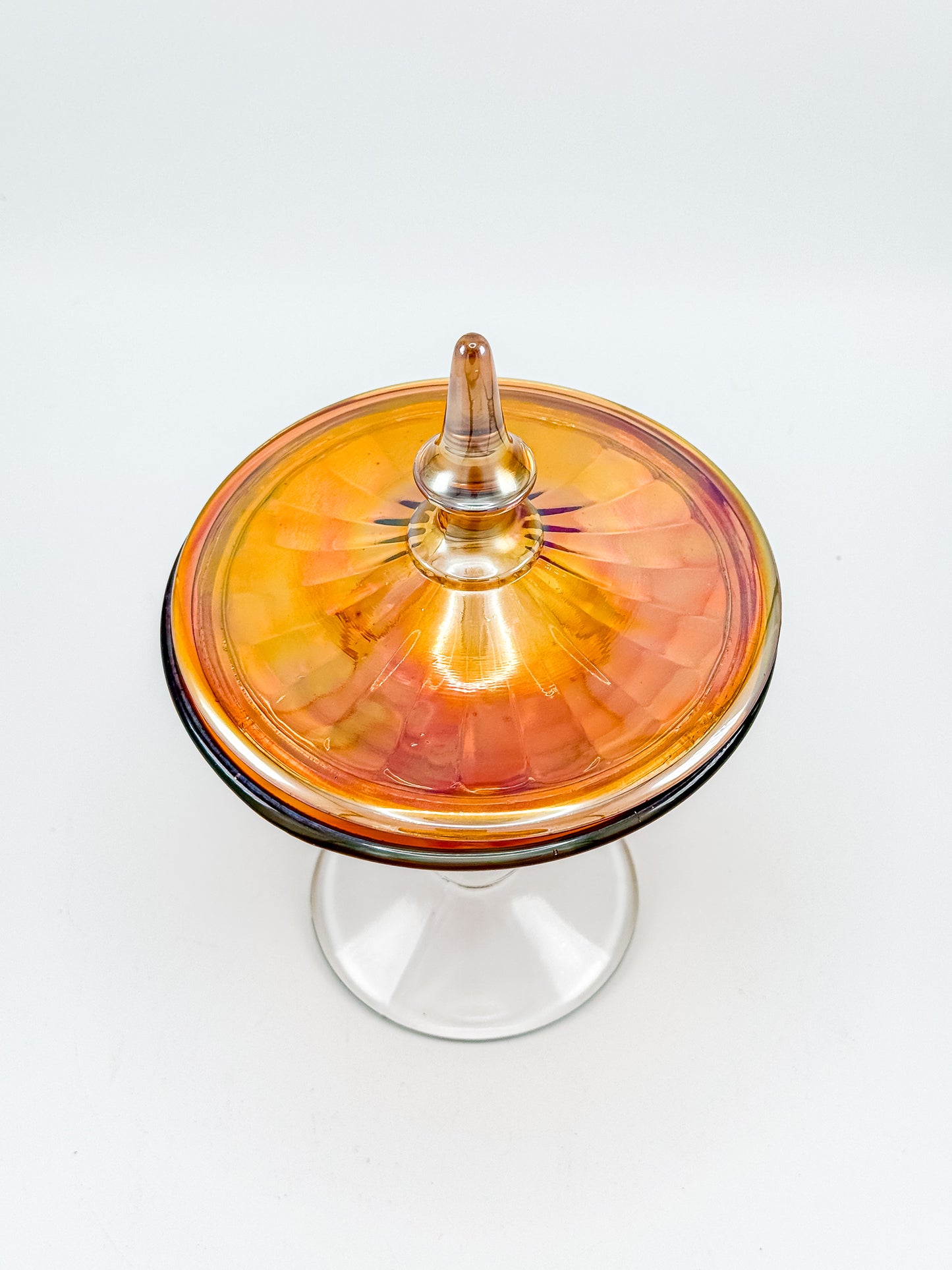 Vintage Marigold Carnival Glass Footed Covered Candy Dish with Ribbed Sunburst Lid and Finial