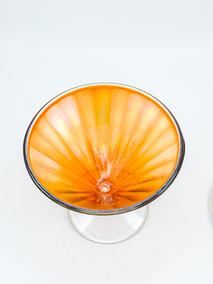 Vintage Marigold Carnival Glass Footed Covered Candy Dish with Ribbed Sunburst Lid and Finial