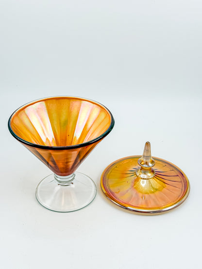 Vintage Marigold Carnival Glass Footed Covered Candy Dish with Ribbed Sunburst Lid and Finial