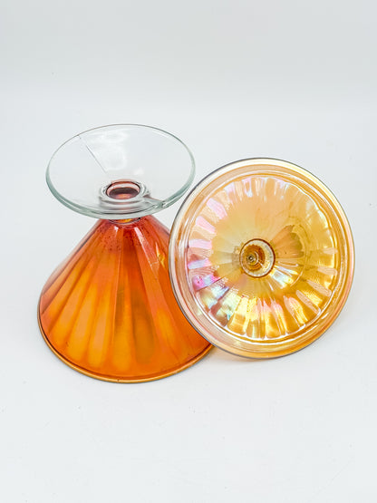 Vintage Marigold Carnival Glass Footed Covered Candy Dish with Ribbed Sunburst Lid and Finial
